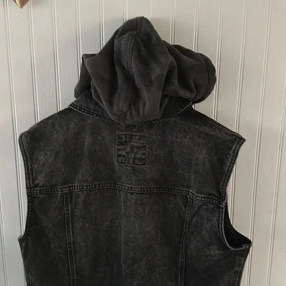 Pull & Bear Charcoal Gray Denim Hooded Vest Jacket XL - Picture 8 of 11
